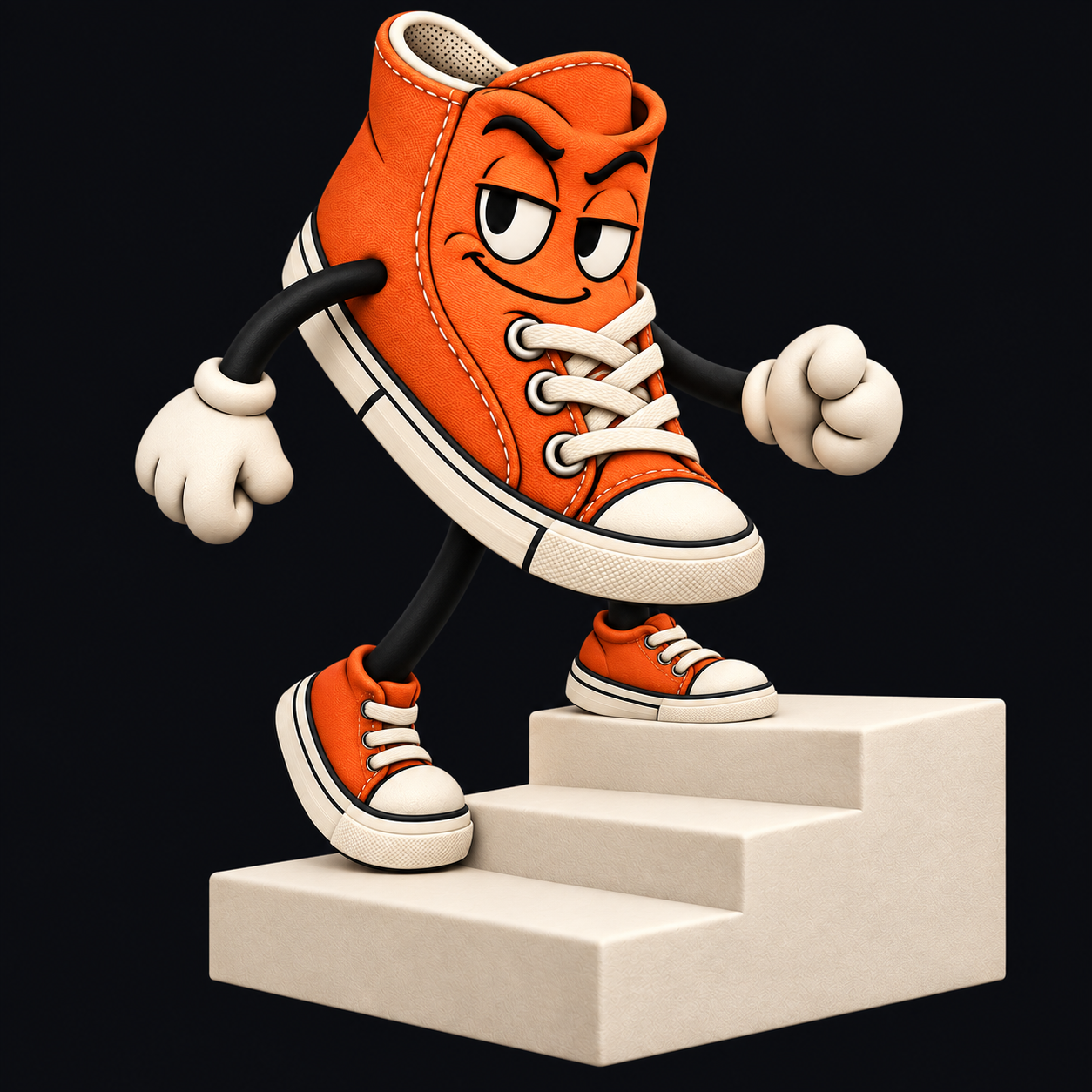Doomstep’s orange sneaker mascot striding up a cream staircase.
